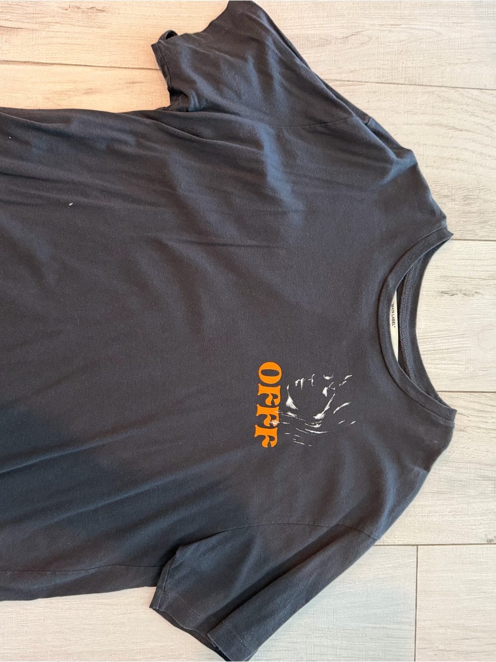 Off-White Black Short Sleeve Tee with Orange Logo and White Graphic